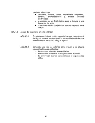 creativas tales como:
                           • canciones, dibujos, bailes, movimientos corporales,
                               carteles,    dramatizaciones  y   medios      visuales
                               electrónicos.
                           • la creación de un final distinto para la lectura o una
                               ilustración del texto.
                           • la escritura de una composición sencilla inspirada en la
                               lectura.

ADL.4.5   Avalúo del estudiante en este estándar

          ADL.4.5.1     Completa una hoja de cotejo con criterios para determinar si
                        de alguna manera su participación en actividades de lectura
                        en la biblioteca les motivó a seguir leyendo.


          ADL.4.5.2     Completa una hoja de criterios para evaluar si de alguna
                        manera las lecturas realizadas:
                          • llenaron sus intereses y necesidades.
                          • le motivaron a crear un nuevo producto o actividad
                          • le proveyeron nuevos conocimientos y experiencias
                             útiles.




                                      41
 