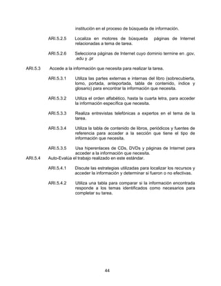 institución en el proceso de búsqueda de información.

          ARI.5.2.5    Localiza en motores de búsqueda           páginas de Internet
                       relacionadas a tema de tarea.

          ARI.5.2.6    Selecciona páginas de Internet cuyo dominio termine en .gov,
                       .edu y .pr

ARI.5.3   Accede a la información que necesita para realizar la tarea.

          ARI.5.3.1    Utiliza las partes externas e internas del libro (sobrecubierta,
                       lomo, portada, anteportada, tabla de contenido, índice y
                       glosario) para encontrar la información que necesita.

          ARI.5.3.2    Utiliza el orden alfabético, hasta la cuarta letra, para acceder
                       la información específica que necesita.

          ARI.5.3.3    Realiza entrevistas telefónicas a expertos en el tema de la
                       tarea.

          ARI.5.3.4    Utiliza la tabla de contenido de libros, periódicos y fuentes de
                       referencia para acceder a la sección que tiene el tipo de
                       información que necesita.

          ARI.5.3.5    Usa hiperenlaces de CDs, DVDs y páginas de Internet para
                       acceder a la información que necesita.
ARI.5.4   Auto-Evalúa el trabajo realizado en este estándar.

          ARI.5.4.1    Discute las estrategias utilizadas para localizar los recursos y
                       acceder la información y determinar si fueron o no efectivas.

          ARI.5.4.2    Utiliza una tabla para comparar si la información encontrada
                       responde a los temas identificados como necesarios para
                       completar su tarea.




                                       44
 