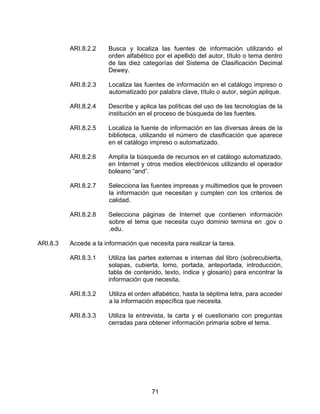 ARI.8.2.2     Busca y localiza las fuentes de información utilizando el
                        orden alfabético por el apellido del autor, título o tema dentro
                        de las diez categorías del Sistema de Clasificación Decimal
                        Dewey.

          ARI.8.2.3     Localiza las fuentes de información en el catálogo impreso o
                        automatizado por palabra clave, título o autor, según aplique.

          ARI.8.2.4     Describe y aplica las políticas del uso de las tecnologías de la
                        institución en el proceso de búsqueda de las fuentes.

          ARI.8.2.5     Localiza la fuente de información en las diversas áreas de la
                        biblioteca, utilizando el número de clasificación que aparece
                        en el catálogo impreso o automatizado.

          ARI.8.2.6     Amplía la búsqueda de recursos en el catálogo automatizado,
                        en Internet y otros medios electrónicos utilizando el operador
                        boleano “and”.

          ARI.8.2.7     Selecciona las fuentes impresas y multimedios que le proveen
                        la información que necesitan y cumplen con los criterios de
                        calidad.

          ARI.8.2.8     Selecciona páginas de Internet que contienen información
                        sobre el tema que necesita cuyo dominio termina en .gov o
                        .edu.

ARI.8.3   Accede a la información que necesita para realizar la tarea.

          ARI.8.3.1     Utiliza las partes externas e internas del libro (sobrecubierta,
                        solapas, cubierta, lomo, portada, anteportada, introducción,
                        tabla de contenido, texto, índice y glosario) para encontrar la
                        información que necesita.

          ARI.8.3.2     Utiliza el orden alfabético, hasta la séptima letra, para acceder
                        a la información específica que necesita.

          ARI.8.3.3     Utiliza la entrevista, la carta y el cuestionario con preguntas
                        cerradas para obtener información primaria sobre el tema.




                                        71
 