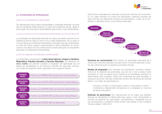 19
3.5 ESTÁNDARES DE APRENDIZAJE
¿Qué son los Estándares de Aprendizaje?
Son descripciones de los logros de aprendizaje y constituyen referentes comunes
que los estudiantes deben alcanzar a lo largo de la trayectoria escolar: desde el
primer grado de la Educación General Básica hasta el tercer curso de Bachillerato.
¿Cuál es la relación entre los estándares de Aprendizaje y el Currículo Nacional?
Los estándares de Aprendizaje describen los logros que deben alcanzar los es-
tudiantes al final de cada uno de los cinco niveles establecidos. Por su parte, el
Currículo Nacional contiene las herramientas necesarias para que el estudiante,
en cada año lectivo, pueda ir aproximándose a estos estándares. En conse-
cuencia, si se aplica el Currículo Nacional de manera adecuada, los estudiantes
alcanzarán los estándares de Aprendizaje.
¿Cómo se organizan los Estándares de Aprendizaje?
Los estándares corresponden a cuatro áreas básicas: Lengua y Literatura,
Matemática, Estudios Sociales y Ciencias Naturales. Se establecen en
cinco niveles que permiten visualizar la progresión del aprendizaje que se
espera del estudiantado en los dominios centrales de cada área curricular.
Los niveles de progresión están organizados de la siguiente manera:
Al término de PRIMER AÑO de Educación General BásicaPRIMER
NIVEL
Al término de CUARTO AÑO de Educación General BásicaSEGUNDO
NIVEL
Al término de SÉPTIMO AÑO de Educación General BásicaTERCER
NIVEL
Al término de DÉCIMO AÑO de Educación General BásicaCUARTO
NIVEL
Al término de TERCER AÑO de BachilleratoQUINTO
NIVEL
Dentro de los estándares de cada área, se proponen dominios de conocimien-
to, los cuales expresan los núcleos de aprendizaje y destrezas centrales del
área curricular que desarrollan procesos de pensamiento, a partir de la com-
prensión y aplicación de los conocimientos esenciales.
Dominios de conocimiento: Son núcleos de aprendizaje esenciales de la
ciencia que conforma cada área curricular; tienen un sentido abarcador e inten-
tan dar cuenta de todos los aspectos principales del área.
Niveles de progresión: Son intervalos que representan mementos caracte-
rísticos en el desarrollo del aprendizaje, que van de lo más complejo; están
asociados a lo que se espera que la mayoría de los estudiantes aprendan en
determinados años escolares. Cada nivel comprende tres años escolares, a
excepción del primer nivel que comprende el primer año de Educación General
Básica. Los niveles de aprendizaje son:
-	 Inclusivos, es decir, un nivel superior implica un nivel anterior o inferior.
-	 Coherentes y relativamente homogéneos en complejidad, en virtud de
las áreas curriculares.
Estándar de aprendizaje: Son descripciones de los logros que deberían
alcanzar los estudiantes en determinada área, grado o nivel. Comprenden el
proceso de desarrollo de capacidades, entendimientos y habilidades que se
van profundizando y ampliando desde niveles más simples a más complejos
(Forster y Master, 1996-2001).
Dominio
Nivel de
progresión
Estándar de
aprendizaje
Ejemplo de
desempeño
Componente
del estándar
 