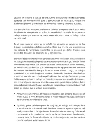 101
ETAPASDECONSTRUCCIÓNDELOSMAPASDEPROGRESO
¿cuál es en concreto el trabajo de una alumna o un alumno en este nivel? Estos
ejemplos son muy relevantes para la comunicación de los Mapas, ya que son
bastante expresivos y comunican de modo muy rápido y certero lo buscado.
Los ejemplos ilustran aspectos relevantes del nivel y no pretenden ilustrar todos
los elementos incorporados en la descripción del nivel o estándar. Lo importante
del ejemplo es que muestre, de manera concreta, cómo se ve un trabajo típico
de cada nivel.
En el caso nacional, como ya se señaló, los ejemplos se extrajeron de los
trabajos recolectados en la fase cualitativa. Dado que en esta fase se recogieron
los trabajos de numerosos estudiantes, se encontró en dichos trabajos una
diversidad de niveles de desarrollo de la competencia.
Elprocesodeseleccióndelodelosejemplosilustrativosconsistióenanalizarunoauno
los trabajos recolectados juzgando los atributos que presentaban y su relación con el
nivel descrito en el Mapa. Este proceso de análisis se realizó, en un primer momento,
en forma individual, de modo que cada integrante del equipo elaborador identificó
los trabajos que consideraba que ilustraban mejor el nivel. Luego, los trabajos
seleccionados por cada integrante se confrontaron colectivamente discutiéndose
sus atributos en relación con la descripción del nivel. Los trabajos frente a los que no
había acuerdo se fueron excluyendo hasta tener un número reducido de trabajos,
con el cual el grupo estuvo de acuerdo en que eran característicos del nivel. Entre
estos trabajos se seleccionó aquel que el grupo consideró que mejor ilustraba el nivel
según los criterios que se señalan a continuación.
•	 Alineamiento al estándar. El trabajo corresponde con el logro descrito en el
nivel e ilustra el nivel. No corresponde al mejor trabajo o respuesta del grupo
de estudiantes que realizó la tarea.
•	 Equilibrio global del desempeño. En conjunto, el trabajo realizado por la o
el estudiante se ubica en el nivel. No debe presentar algunos aspectos del
nivel y otros sobre o debajo de este. Estas distinciones son muy útiles en el
contexto del aula, donde esta mezcla se da cotidianamente. No obstante,
como se trata de ilustrar el estándar, se prefieren ejemplos que lo muestren
con claridad para reducir confusiones.
 