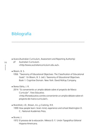 150
BIBLIOGRAFÍA
l	Acara	(Australian Curriculum, Assessment and Reporting Authority)
	 s/f 		 Australian Curriculum.
			<http://www.australiancurriculum.edu.au/>.
l	Bloom, B. S.
	 1956 	“Taxonomy of Educational Objectives: The Classification of Educational 	
			 Goals”. En Bloom, B. S. (ed.). Taxonomy of Educational Objectives.
		 Book 1: Cognitive Domain. New York: David McKay Company.
l	Borea Odría, J. R.
	 2014 	“Es conveniente un amplio debate sobre el proyecto de Marco 		
	 Curricular”. Foro Educativo.
		 <http://foroeducativo.com/es-conveniente-un-amplio-debate-sobre-el-	
	proyecto-de-marco-curricular/>.
l	Bransford, J.D.; Brown, A.L.;y Cocking, R.R.
	 1999 	How people learn: brain mind, experience and school.Washington D. 	
	 C.: National Academies Press.
l	Bruner, J.
	 1972 	El proceso de la educación. México D. F.: Unión Tipográfica Editorial 	
	Hispano-Americana.
Bibliografía
 