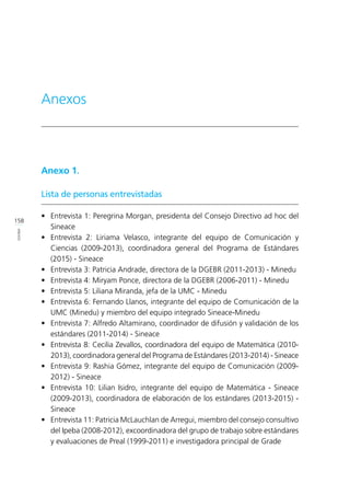 158
ANEXOS
Anexo 1.
Lista de personas entrevistadas
•	 Entrevista 1: Peregrina Morgan, presidenta del Consejo Directivo ad hoc del
Sineace
•	 Entrevista 2: Liriama Velasco, integrante del equipo de Comunicación y
Ciencias (2009-2013), coordinadora general del Programa de Estándares
(2015) - Sineace
•	 Entrevista 3: Patricia Andrade, directora de la DGEBR (2011-2013) - Minedu
•	 Entrevista 4: Miryam Ponce, directora de la DGEBR (2006-2011) - Minedu
•	 Entrevista 5: Liliana Miranda, jefa de la UMC - Minedu
•	 Entrevista 6: Fernando Llanos, integrante del equipo de Comunicación de la
UMC (Minedu) y miembro del equipo integrado Sineace-Minedu
•	 Entrevista 7: Alfredo Altamirano, coordinador de difusión y validación de los
estándares (2011-2014) - Sineace
•	 Entrevista 8: Cecilia Zevallos, coordinadora del equipo de Matemática (2010-
2013), coordinadora general del Programa de Estándares (2013-2014) - Sineace
•	 Entrevista 9: Rashia Gómez, integrante del equipo de Comunicación (2009-
2012) - Sineace
•	 Entrevista 10: Lilian Isidro, integrante del equipo de Matemática - Sineace
(2009-2013), coordinadora de elaboración de los estándares (2013-2015) -
Sineace
•	 Entrevista 11: Patricia McLauchlan de Arregui, miembro del consejo consultivo
del Ipeba (2008-2012), excoordinadora del grupo de trabajo sobre estándares
y evaluaciones de Preal (1999-2011) e investigadora principal de Grade
Anexos
 