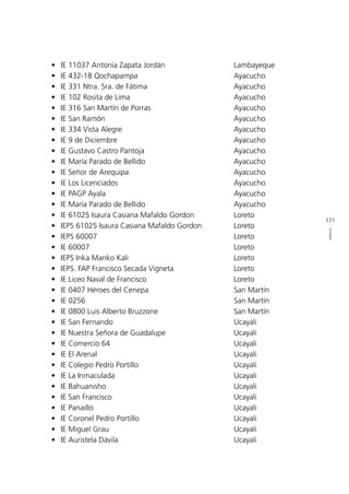 171
ANEXOS
•	 IE 11037 Antonia Zapata Jordán			 Lambayeque
•	IE 432-18 Qochapampa				Ayacucho
•	 IE 331 Ntra. Sra. de Fátima				 Ayacucho
•	 IE 102 Rosita de Lima				 Ayacucho
•	 IE 316 San Martín de Porras				 Ayacucho
•	IE San Ramón					Ayacucho
•	IE 334 Vista Alegre					Ayacucho
•	IE 9 de Diciembre					Ayacucho
•	 IE Gustavo Castro Pantoja				 Ayacucho
•	 IE María Parado de Bellido				 Ayacucho
•	IE Señor de Arequipa					Ayacucho
•	IE Los Licenciados					Ayacucho
•	IE PAGP Ayala					Ayacucho
•	 IE María Parado de Bellido				 Ayacucho
•	 IE 61025 Isaura Casiana Mafaldo Gordon		 Loreto
•	 IEPS 61025 Isaura Casiana Mafaldo Gordon		 Loreto
•	IEPS 60007 						Loreto
•	IE 60007 						Loreto
•	IEPS Inka Manko Kali					Loreto
•	 IEPS. FAP Francisco Secada Vigneta			 Loreto
•	 IE Liceo Naval de Francisco				 Loreto
•	 IE 0407 Héroes del Cenepa				 San Martín
•	IE 0256						San Martín
•	 IE 0800 Luis Alberto Bruzzone			 San Martín
•	IE San Fernando					Ucayali
•	 IE Nuestra Señora de Guadalupe			 Ucayali
•	IE Comercio 64					Ucayali
•	IE El Arenal 						Ucayali
•	 IE Colegio Pedro Portillo				 Ucayali
•	IE La Inmaculada					Ucayali
•	IE Bahuanisho					Ucayali
•	IE San Francisco					Ucayali
•	IE Panaillo						Ucayali
•	 IE Coronel Pedro Portillo				 Ucayali
•	IE Miguel Grau					Ucayali
•	IE Auristela Dávila					Ucayali
 