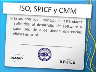 El nivel máximo y mínimo aceptables para un indicador, el cual determina el punto en el que se estará cumpliendo la calidad.ISO, SPICE y CMMEstos son los  principales estándares aplicados al desarrollo de software y cada uno de ellos tienen diferencias vitales entre sí.Estándar ISOEsta agencia se estableció el 23 de febrero de 1947.