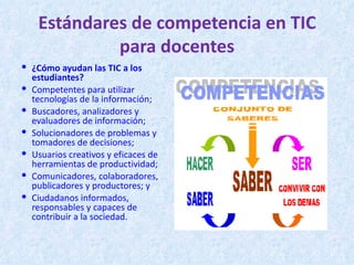 Estándares de competencia en TIC
             para docentes
 ¿Cómo ayudan las TIC a los
  estudiantes?
 Competentes para utilizar
  tecnologías de la información;
 Buscadores, analizadores y
  evaluadores de información;
 Solucionadores de problemas y
  tomadores de decisiones;
 Usuarios creativos y eficaces de
  herramientas de productividad;
 Comunicadores, colaboradores,
  publicadores y productores; y
 Ciudadanos informados,
  responsables y capaces de
  contribuir a la sociedad.
 