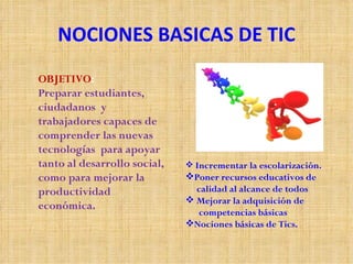NOCIONES BASICAS DE TIC
OBJETIVO:
Preparar estudiantes,
ciudadanos y
trabajadores capaces de
comprender las nuevas
tecnologías para apoyar
tanto al desarrollo social,    Incrementar la escolarización.
como para mejorar la          Poner recursos educativos de
productividad                   calidad al alcance de todos
                               Mejorar la adquisición de
económica.
                                competencias básicas
                              Nociones básicas de Tics.
 
