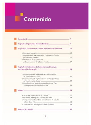 Contenido

       Presentación................................................................................................ 7

       Capítulo I. Importancia de los Estándares................................................ 9

       Capítulo II. Estándares de Gestión para la Educación Básica . ............... 15
	
	             1. Descripción operativa.........................................................................................19
                                        .
	             2. Criterios para la operación de los Estándares de Gestión
	                para la Educación Básica....................................................................................27		
                                           .
	             3. Clasificación de los Estándares
	                en las dimensiones de la Gestión Escolar.........................................................37

       Capítulo III. Estándares de Competencias Directivas
       en Planeación Estratégica.......................................................................... 39
	
	   1. Coordinación de la elaboración del Plan Estratégico
		 de Transformación Escolar . ..............................................................................42
	   2. Coordinación de la implementación del Plan Estratégico
  		 de Transformación Escolar.................................................................................49
	   3. Coordinación del seguimiento y evaluación del Plan
		 Estratégico de Transformación Escolar............................................................53

       Anexo	.......................................................................................................... 59
	
	 A. Estándares para la Gestión de Escuelas...........................................................62
	 B. Estándares del Programa Escuelas de Calidad................................................63
                                                                   .
	 C. Comparación de Estándares para la Gestión de Escuelas
		 vs Estándares pec...............................................................................................68
	 D. Estándares de Gestión para la Educación Básica...........................................84

       Fuentes de consulta.................................................................................... 93


                                                                5
 