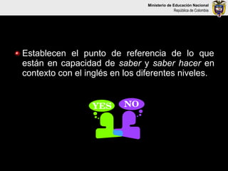 Ministerio de Educación Nacional
                                             República de Colombia




Establecen el punto de referencia de lo que
están en capacidad de saber y saber hacer en
contexto con el inglés en los diferentes niveles.
 