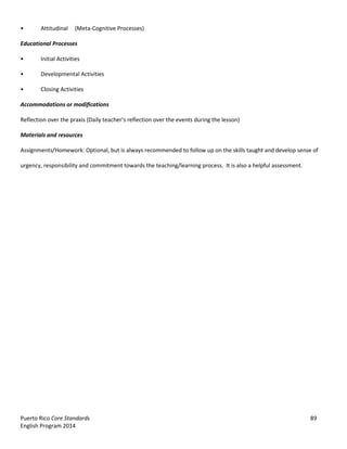 Puerto Rico Core Standards 89
English Program 2014
• Attitudinal (Meta-Cognitive Processes)
Educational Processes
• Initial Activities
• Developmental Activities
• Closing Activities
Accommodations or modifications
Reflection over the praxis (Daily teacher’s  reflection  over  the  events  during  the  lesson)
Materials and resources
Assignments/Homework: Optional, but is always recommended to follow up on the skills taught and develop sense of
urgency, responsibility and commitment towards the teaching/learning process. It is also a helpful assessment.
 