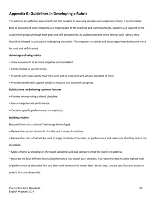 Puerto Rico Core Standards 90
English Program 2014
Appendix B: Guidelines in Developing a Rubric
The rubric is an authentic assessment tool that is useful in assessing complex and subjective criteria. It is a formative
type of assessment since it becomes an ongoing part of the teaching and learning process. Students are involved in the
assessment process through both peer and self-assessments. As students become more familiar with rubrics, they
should be allowed to participate in designing the rubric. This empowers students and encourages them to become more
focused and self-directed.
Advantages of using rubrics
•  allow  assessment  to  be  more  objective  and  consistent.
•  Clarify  criteria  in  specific  terms.
•  Students  will  know  exactly  how  their  work will be evaluated and what is expected of them.
•  Provides  benchmarks  against  which  to  measure  and  document  progress.
Rubrics have the following common features
•  Focuses  on  measuring  a  stated  objective.
•  Uses  a  range  to  rate  performance.
•  Contains specific performance characteristics
Building a Rubric
(Adapted from: Instructional Technology Home Page)
•  Review  the  content  standards  that  the  unit  is  meant  to  address.
•  Review  the  criteria  that  will  be  used  to  judge  the  student’s  product  or  performance and make sure that they match the
standards.
•  Make  a  frame  by  deciding  on  the  major  categories and sub-categories that the rubric will address.
•  Describe  the  four  different  levels  of  performance  that  match  each  criterion. It is recommended that the highest level
of performance be described first and then work down to the lowest level. Write clear, concise specifications based on
criteria that are observable.
 