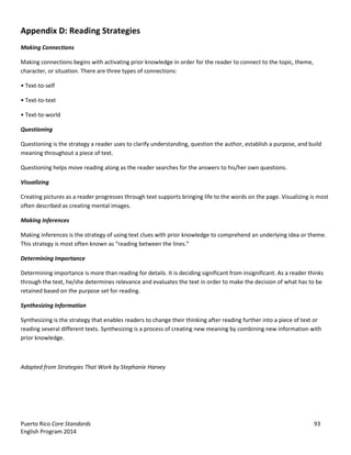 Puerto Rico Core Standards 93
English Program 2014
Appendix D: Reading Strategies
Making Connections
Making connections begins with activating prior knowledge in order for the reader to connect to the topic, theme,
character, or situation. There are three types of connections:
•  Text-to-self
•  Text-to-text
•  Text-to-world
Questioning
Questioning is the strategy a reader uses to clarify understanding, question the author, establish a purpose, and build
meaning throughout a piece of text.
Questioning helps move reading along as the reader searches for the answers to his/her own questions.
Visualizing
Creating pictures as a reader progresses through text supports bringing life to the words on the page. Visualizing is most
often described as creating mental images.
Making Inferences
Making inferences is the strategy of using text clues with prior knowledge to comprehend an underlying idea or theme.
This strategy is most often known as “reading  between  the  lines.”
Determining Importance
Determining importance is more than reading for details. It is deciding significant from insignificant. As a reader thinks
through the text, he/she determines relevance and evaluates the text in order to make the decision of what has to be
retained based on the purpose set for reading.
Synthesizing Information
Synthesizing is the strategy that enables readers to change their thinking after reading further into a piece of text or
reading several different texts. Synthesizing is a process of creating new meaning by combining new information with
prior knowledge.
Adapted from Strategies That Work by Stephanie Harvey
 
