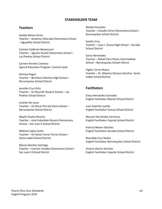 Puerto Rico Core Standards viii
English Program 2014
STAKEHOLDER TEAM
Teachers
Awilda Nieves Perez
Teacher – Anselmo Villarubia Elementary School
– Aguadilla School District
Carmen Calderón Betancourt
Teacher – Agustin Dueño Elementary School –
Las Piedras School District
Carmen Pereles Centeno
Special Education Program- Central Level
Denisse Pagan
Teacher – Bonifacio Sánchez High School –
Barranquitas School District
Jennifer Cruz Ortiz
Teacher – SU Rosa M. Rosario School – Las
Piedras School District
Lissette De Jesus
Teacher – SU Oscar Porrata Doria School –
Barranquitas School District
Maylín Goytía Rosario
Teacher – José Colombán Rosario Elementary
School – San Juan II School District
Mildred Laboy Colón
Teacher – SU Sylvia Torres Torres School –
Santa Isabel School District
Myrna Sánchez Santiago
Teacher – Carmen Sanábia Elementary School –
San Juan II School District
Natalia González
Teacher – Claudio Ferrer Elementary School –
Barranquitas School District
Sandra Cruz
Teacher – Juan J. Osuna High School – Gurabo
School District
Sonia Hernández
Teacher – Rafael Pont Flores Intermediate
School – Barranquitas School District
Vigilio Torres Rivera
Teacher – Dr. Maximo Donoso Sánchez- Santa
Isabel School District
Facilitators
Daisy Hernández González
English Facilitator-Manatí School District
Juan Valentín Juarbe
English Facilitator-Camuy School District
Manuel Hernández Carmona
English Facilitator-Fajardo School District
Patricia Nieves Sánchez
English Facilitator-Gurabo School District
Reynaldo Cruz Nuñez
English Facilitator-Barranquitas School District
Viviana Osorio Sánchez
English Facilitator-Fajardo School District
 
