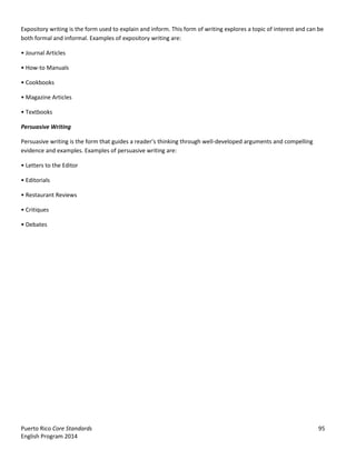 Puerto Rico Core Standards 95
English Program 2014
Expository writing is the form used to explain and inform. This form of writing explores a topic of interest and can be
both formal and informal. Examples of expository writing are:
•  Journal  Articles
•  How-to Manuals
•  Cookbooks
•  Magazine  Articles
•  Textbooks
Persuasive Writing
Persuasive  writing  is  the  form  that  guides  a  reader’s thinking through well-developed arguments and compelling
evidence and examples. Examples of persuasive writing are:
•  Letters  to  the  Editor
•  Editorials
•  Restaurant  Reviews
•  Critiques
•  Debates
 