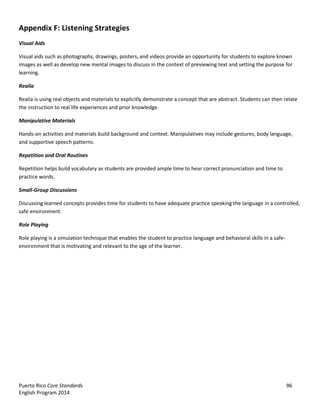 Puerto Rico Core Standards 96
English Program 2014
Appendix F: Listening Strategies
Visual Aids
Visual aids such as photographs, drawings, posters, and videos provide an opportunity for students to explore known
images as well as develop new mental images to discuss in the context of previewing text and setting the purpose for
learning.
Realia
Realia is using real objects and materials to explicitly demonstrate a concept that are abstract. Students can then relate
the instruction to real life experiences and prior knowledge.
Manipulative Materials
Hands-on activities and materials build background and context. Manipulatives may include gestures, body language,
and supportive speech patterns.
Repetition and Oral Routines
Repetition helps build vocabulary as students are provided ample time to hear correct pronunciation and time to
practice words.
Small-Group Discussions
Discussing learned concepts provides time for students to have adequate practice speaking the language in a controlled,
safe environment.
Role Playing
Role playing is a simulation technique that enables the student to practice language and behavioral skills in a safe-
environment that is motivating and relevant to the age of the learner.
 