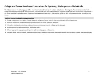 Puerto Rico Core Standards 6
English Program 2014
College and Career Readiness Expectations for Speaking: Kindergarten – Sixth Grade
The K-6 standards on the following pages define what students should master and be able to do by the end of each grade. The standards consist of both
College and Career Readiness (CCR) expectations and grade level indicators. The CCR expectations and grade-specific indicators are necessary complements –
the former providing broad expectations, the latter providing additional specificity – that together define the skills and competencies that all students must
master.
College and Career Readiness Expectations
1. Engage in discussions on a variety of social, academic, college, and career topics in diverse contexts with different audiences.
2. Evaluate information and determine appropriate responses to answer questions effectively.
3. Interact in social, academic, college, and career conversations using accurate and appropriate language.
4. Provide, justify, and defend opinions or positions in speech.
5. Choose appropriate language according to the task, context, purpose, and audience.
6. Plan and deliver different types of oral presentations/reports to express information and support ideas in social, academic, college, and career settings.
 