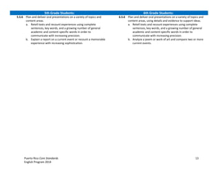 Puerto Rico Core Standards 13
English Program 2014
5th Grade Students: 6th Grade Students:
5.S.6 Plan and deliver oral presentations on a variety of topics and
content areas.
a. Retell texts and recount experiences using complete
sentences, key words, and a growing number of general
academic  and  content-­‐specific  words  in  order  to  
communicate with increasing precision.
b. Explain a report on a current event or recount a memorable
experience with increasing sophistication.
6.S.6 Plan and deliver oral presentations on a variety of topics and
content areas, using details and evidence to support ideas.
a. Retell texts and recount experiences using complete
sentences, key words, and a growing number of general
academic  and  content-­‐specific  words  in  order  to  
communicate with increasing precision.
b. Analyze a poem or work of art and compare two or more
current events.
 