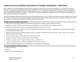 Puerto Rico Core Standards 14
English Program 2014
College and Career Readiness Expectations for Reading: Kindergarten – Sixth Grade
The K-6 standards on the following pages define what students should master and be able to do by the end of each grade. The standards consist of both
College and Career Readiness (CCR) expectations and grade level indicators. The CCR expectations and grade-specific indicators are necessary complements –
the former providing broad expectations, the latter providing additional specificity – that together define the skills and competencies that all students must
master. Reading Foundational Skills are included as a subset of the K-6 standards for Reading. The foundational skills do not correspond to CCR expectations
and are only contained within the K-6 grade band.
A series of Foundational Skills have been included at the end of the Reading and Writing sections. While these are important skills for students to learn, they do
not correspond to College and Career Readiness expectations. Although these standards have been placed at the bottom of Reading and Writing for structural
reasons, this does not imply that these standards should be taught in any specific order.
College and Career Readiness Expectations
1. Read critically to make logical inferences, and cite specific textual evidence to support conclusions drawn from the text.
2. Determine main ideas or themes of a text and analyze their development; summarize the key supporting details and ideas.
3. Analyze how and why individuals, events, or ideas develop and interact over the course of a text.
4. Interpret words and phrases as they are used in a text, including determining technical, connotative, and figurative meanings, and analyze how specific
word choices shape meaning or tone.
5. Analyze the structure of texts, including how specific sentences, paragraphs, and larger portions of the text (e.g., a section, chapter, scene, or stanza)
relate to each other and the whole.
6. Assess how point of view or purpose shapes the content and style of a text.
7. Integrate and evaluate content presented in diverse media and formats.
8. Delineate  and  evaluate  an  author’s  argument  through  evidence  specified  in  a  text.
9. Compare  and  contrast  two  or  more  authors’  presentations  of  similar  themes or topics.
10. Read and comprehend complex literary and informational texts independently and proficiently.
Foundational Skills (No CCR expectations)
11. Phonemic Awareness
12. Phonics
13. Print Features and Text Organization
 