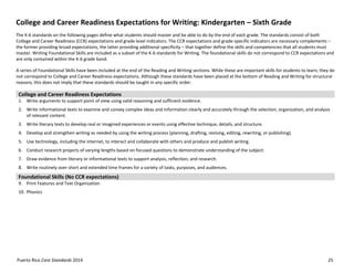 Puerto Rico Core Standards 2014 25
College and Career Readiness Expectations for Writing: Kindergarten – Sixth Grade
The K-6 standards on the following pages define what students should master and be able to do by the end of each grade. The standards consist of both
College and Career Readiness (CCR) expectations and grade level indicators. The CCR expectations and grade-specific indicators are necessary complements –
the former providing broad expectations, the latter providing additional specificity – that together define the skills and competencies that all students must
master. Writing Foundational Skills are included as a subset of the K-6 standards for Writing. The foundational skills do not correspond to CCR expectations and
are only contained within the K-6 grade band.
A series of Foundational Skills have been included at the end of the Reading and Writing sections. While these are important skills for students to learn, they do
not correspond to College and Career Readiness expectations. Although these standards have been placed at the bottom of Reading and Writing for structural
reasons, this does not imply that these standards should be taught in any specific order.
College and Career Readiness Expectations
1. Write arguments to support point of view using valid reasoning and sufficient evidence.
2. Write informational texts to examine and convey complex ideas and information clearly and accurately through the selection, organization, and analysis
of relevant content.
3. Write literary texts to develop real or imagined experiences or events using effective technique, details, and structure.
4. Develop and strengthen writing as needed by using the writing process (planning, drafting, revising, editing, rewriting, or publishing).
5. Use technology, including the Internet, to interact and collaborate with others and produce and publish writing.
6. Conduct research projects of varying lengths based on focused questions to demonstrate understanding of the subject.
7. Draw evidence from literary or informational texts to support analysis, reflection, and research.
8. Write routinely over short and extended time frames for a variety of tasks, purposes, and audiences.
Foundational Skills (No CCR expectations)
9. Print Features and Text Organization
10. Phonics
 