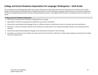 Puerto Rico Core Standards 32
English Program 2014
College and Career Readiness Expectations for Language: Kindergarten – Sixth Grade
The K-6 standards on the following pages define what students should master and be able to do by the end of each grade. The standards consist of both
College and Career Readiness (CCR) expectations and grade level indicators. The CCR expectations and grade-specific indicators are necessary complements –
the former providing broad expectations, the latter providing additional specificity – that together define the skills and competencies that all students must
master.
College and Career Readiness Expectations
1. Demonstrate command of the conventions of English grammar and usage.
2. Apply English conventions using appropriate capitalization, punctuation, and spelling.
3. Demonstrate understanding of how language functions in different contexts to make effective choices for meaning, style and comprehension.
4. Determine or clarify the meaning of unknown words and phrases by using context clues, analyzing meaningful word parts, and consulting reference
materials.
5. Demonstrate understanding of figurative language, word relationships, and variation in word meanings.
6. Accurately use a variety of social, academic and content-specific words and phrases sufficient for reading, writing, speaking, and listening at the college
and career-readiness level.
 
