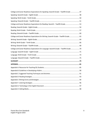 Puerto Rico Core Standards iii
English Program 2014
College and Career Readiness Expectations for Speaking: Seventh Grade – Twelfth Grade ..................... 47
Speaking: Seventh Grade – Eighth Grade ................................................................................................... 48
Speaking: Ninth Grade – Tenth Grade........................................................................................................ 50
Speaking: Eleventh Grade – Twelfth Grade................................................................................................ 51
College and Career Readiness Expectations for Reading: Seventh – Twelfth Grade.................................. 53
Reading: Seventh Grade – Eighth Grade..................................................................................................... 54
Reading: Ninth Grade – Tenth Grade.......................................................................................................... 57
Reading: Eleventh Grade – Twelfth Grade.................................................................................................. 60
College and Career Readiness Expectations for Writing: Seventh Grade – Twelfth Grade........................ 63
Writing: Seventh Grade – Eighth Grade...................................................................................................... 64
Writing: Ninth Grade – Tenth Grade........................................................................................................... 66
Writing: Eleventh Grade – Twelfth Grade................................................................................................... 68
College and Career Readiness Expectations for Language: Seventh Grade – Twelfth Grade .................... 70
Language: Seventh Grade – Eighth Grade .................................................................................................. 71
Language: Ninth Grade – Tenth Grade ....................................................................................................... 73
Language: Eleventh Grade – Twelfth Grade ............................................................................................... 75
GLOSSARY .......................................................................................................................................79
APPENDIX........................................................................................................................................85
Appendix A: Resources for Teaching ESL Students..................................................................................... 85
Appendix B: Guidelines in Developing a Rubric.......................................................................................... 90
Appendix C: Suggested Teaching Techniques and Activities ...................................................................... 91
Appendix D: Reading Strategies.................................................................................................................. 93
Appendix E: Writing Forms and Strategies ................................................................................................. 94
Appendix F: Listening Strategies................................................................................................................. 96
Appendix G: Technology in the English Classroom..................................................................................... 97
Appendix H: Editing Marks.......................................................................................................................... 98
 