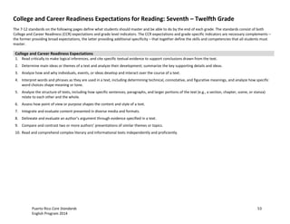 Puerto Rico Core Standards 53
English Program 2014
College and Career Readiness Expectations for Reading: Seventh – Twelfth Grade
The 7-12 standards on the following pages define what students should master and be able to do by the end of each grade. The standards consist of both
College and Career Readiness (CCR) expectations and grade level indicators. The CCR expectations and grade-specific indicators are necessary complements –
the former providing broad expectations, the latter providing additional specificity – that together define the skills and competencies that all students must
master.
College and Career Readiness Expectations
1. Read critically to make logical inferences, and cite specific textual evidence to support conclusions drawn from the text.
2. Determine main ideas or themes of a text and analyze their development; summarize the key supporting details and ideas.
3. Analyze how and why individuals, events, or ideas develop and interact over the course of a text.
4. Interpret words and phrases as they are used in a text, including determining technical, connotative, and figurative meanings, and analyze how specific
word choices shape meaning or tone.
5. Analyze the structure of texts, including how specific sentences, paragraphs, and larger portions of the text (e.g., a section, chapter, scene, or stanza)
relate to each other and the whole.
6. Assess how point of view or purpose shapes the content and style of a text.
7. Integrate and evaluate content presented in diverse media and formats.
8. Delineate  and  evaluate  an  author’s  argument  through  evidence  specified  in  a  text.
9. Compare  and  contrast  two  or  more  authors’  presentations  of  similar  themes  or  topics.
10. Read and comprehend complex literary and informational texts independently and proficiently.
 
