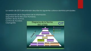La versión de 2013 del estándar describe los siguientes catorce dominios principales:
Organización de la Seguridad de la Información.
Seguridad de los Recursos Humanos.
Gestión de los Activos.
Control de Accesos.
Criptografía
 