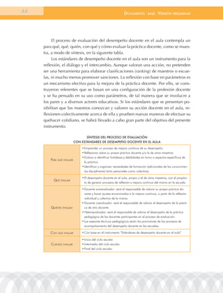 44                                                               documEnto        BasE.   VErsión     prEliminar




          El proceso de evaluación del desempeño docente en el aula contempla un
     para qué, qué, quién, con qué y cómo evaluar la práctica docente, como se mues-
     tra, a modo de síntesis, en la siguiente tabla.
          Los estándares de desempeño docente en el aula son un instrumento para la
     reflexión, el diálogo y el intercambio. Aunque valoran una acción, no pretenden
     ser una herramienta para elaborar clasificaciones (ranking) de maestros o escue-
     las, ni mucho menos promover sanciones. La reflexión con base en parámetros es
     un mecanismo efectivo para la mejora de la práctica docente. Por ello, se cons-
     truyeron referentes que se basan en una configuración de la profesión docente
     y se ha pensado en su uso como parámetros, de tal manera que se involucre a
     los pares y a diversos actores educativos. Si los estándares que se presentan po-
     sibilitan que los maestros conozcan y valoren su acción docente en el aula, re-
     flexionen colectivamente acerca de ella y prueben nuevas maneras de efectuar su
     quehacer cotidiano, se habrá llevado a cabo gran parte del objetivo del presente
     instrumento.

                                  síntesis del Proceso de evAluAción
                           con estÁndAres de deseMPeÑo docente en el AulA

                               •	Emprender un proceso de mejora continua de su desempeño.
                               •	reflexionar sobre su propia práctica docente y/o la de otros maestros.
                               •	Evaluar e identificar fortalezas y debilidades en torno a aspectos específicos de
        para Qué eValuar
                                 la práctica.
                               •	Identificar y organizar necesidades de formación (adicionales de los conocimien-
                                 tos disciplinares) tanto personales como colectivas.

                               •	El desempeño docente en el aula, propio o el de otros maestros, con el propósi-
          Qué eValuar
                                 to de generar procesos de reflexión y mejora continua del mismo en la escuela.

                               •	Docente autoevaluador: será el responsable de valorar su propia práctica do-
                                 cente y hacer ajustes encaminados a la mejora continua, a partir de la reflexión
                                 individual y colectiva de la misma.
                               •	Docente coevaluador: será el responsable de valorar el desempeño de la prácti-
         Quiénes eValúan         ca de otro docente.
                               •	Heteroevaluador: será el responsable de valorar el desempeño de la práctica
                                 pedagógica de los docentes participantes en el proceso de evaluación.
                               •	los asesores técnicos pedagógicos serán los promotores de los procesos de
                                 acompañamiento del desempeño docente en las escuelas.

        con Qué eValuar        •	Con base en el instrumento “Estándares de desempeño docente en el aula”.

                               •	Inicio del ciclo escolar.
         cuánDo eValuar        •	Intermedio del ciclo escolar.
                               •	Final del ciclo escolar.
 