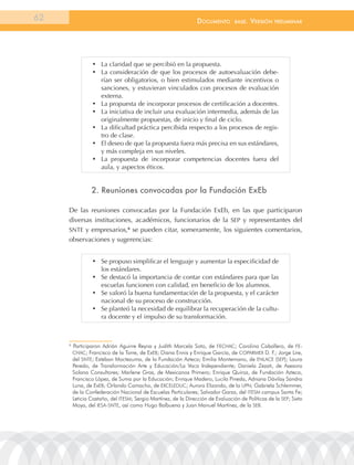62                                                               documEnto        BasE.   VErsión   prEliminar




                  •	 La claridad que se percibió en la propuesta.
                  •	 La consideración de que los procesos de autoevaluación debe-
                     rían ser obligatorios, o bien estimulados mediante incentivos o
                     sanciones, y estuvieran vinculados con procesos de evaluación
                     externa.
                  •	 La propuesta de incorporar procesos de certificación a docentes.
                  •	 La iniciativa de incluir una evaluación intermedia, además de las
                     originalmente propuestas, de inicio y final de ciclo.
                  •	 La dificultad práctica percibida respecto a los procesos de regis-
                     tro de clase.
                  •	 El deseo de que la propuesta fuera más precisa en sus estándares,
                     y más compleja en sus niveles.
                  •	 La propuesta de incorporar competencias docentes fuera del
                     aula, y aspectos éticos.


                 2. reuniones convocadas por la Fundación exeb

     De las reuniones convocadas por la Fundación ExEb, en las que participaron
     diversas instituciones, académicos, funcionarios de la SEP y representantes del
     SNTE y empresarios,6 se pueden citar, someramente, los siguientes comentarios,
     observaciones y sugerencias:


                  •	 Se propuso simplificar el lenguaje y aumentar la especificidad de
                     los estándares.
                  •	 Se destacó la importancia de contar con estándares para que las
                     escuelas funcionen con calidad, en beneficio de los alumnos.
                  •	 Se valoró la buena fundamentación de la propuesta, y el carácter
                     nacional de su proceso de construcción.
                  •	 Se planteó la necesidad de equilibrar la recuperación de la cultu-
                     ra docente y el impulso de su transformación.



     6
         Participaron adrián aguirre reyna y Judith Marcela Soto, de FECHaC; Carolina Caballero, de FE-
         CHaC; Francisco de la torre, de ExEB; Diana Ennis y Enrique García, de CoParMEX D. F.; Jorge lire,
         del SntE; Esteban Moctezuma, de la Fundación azteca; Emilia Montemano, de EnlaCE (SEP); laura
         Peredo, de transformación arte y Educación/la Vaca Independiente; Daniela Zezati, de asesora
         Solana Consultores; Marlene Gras, de Mexicanos Primero; Enrique Quiroz, de Fundación azteca,
         Francisco lópez, de Suma por la Educación; Enrique Madero, lucila Pineda, adriana Dávilay Sandra
         luna, de ExEB; orlando Camacho, de EXCElEDUC; aurora Elizondo, de la UPn; Gabriela Schlemmer,
         de la Confederación nacional de Escuelas Particulares; Salvador Garza, del ItESM campus Santa Fe;
         leticia Castaño, del ItESM; Sergio Martínez, de la Dirección de Evaluación de Políticas de la SEP; Sixto
         Moya, del IESa-SntE, así como Hugo Balbuena y Juan Manuel Martínez, de la SEB.
 