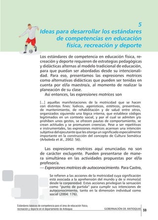 5
Ideas para desarrollar los estándares
de competencias en educación
física, recreación y deporte
Los estándares de competencia en educación física, recreación y deporte requieren de estrategias pedagógicas
y didácticas alternas al modelo tradicional de educación,
para que puedan ser abordadas desde su intencionalidad. Para eso, presentamos las expresiones motrices
como alternativas didácticas que pueden ser tenidas en
cuenta por el/la maestro/a, al momento de realizar la
planeación de su clase.
Así entonces, las expresiones motrices son
[...] aquellas manifestaciones de la motricidad que se hacen
con distintos fines: lúdicos, agonísticos, estéticos, preventivos,
de mantenimiento, de rehabilitación y de salud entre otros,
organizados siguiendo una lógica interna, que establece códigos
legitimados en un contexto social, y por el cual se admiten y/o
prohíben unos gestos, se ofrecen pautas de comportamiento, se
crean actitudes y se promueven creencias. Pese a ser repetitivas
e instrumentales, las expresiones motrices acarrean una intención
subjetiva del ejecutante que les otorga un significado especialmente
importante en la construcción del concepto de Cultura Somática
(Arboleda et ál., 2002: 56).

Las expresiones motrices aquí enunciadas no son
de carácter excluyente. Pueden presentarse de manera simultánea en las actividades propuestas por el/la
profesor/a.
— Expresiones motrices de autoconocimiento. Para Castro,
Se refieren a las acciones de la motricidad cuya significación
está asociada a la aprehensión del mundo y de sí mismo(a)
desde la corporeidad. Estas acciones privilegian la sensación
como “punto de partida” para cumplir sus intenciones de
autoconocimiento, tanto en la dimensión individual como
social (2004: 176).
Estándares básicos de competencia para el área de educación física,
recreación y deporte en el departamento de Antioquia

GOBERNACIÓN DE ANTIOQUIA

59

 