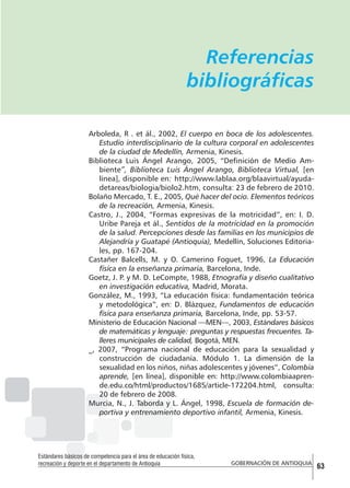 Referencias
bibliográficas
Arboleda, R . et ál., 2002, El cuerpo en boca de los adolescentes.
Estudio interdisciplinario de la cultura corporal en adolescentes
de la ciudad de Medellín, Armenia, Kinesis.
Biblioteca Luis Ángel Arango, 2005, “Definición de Medio Ambiente”, Biblioteca Luis Ángel Arango, Biblioteca Virtual, [en
línea], disponible en: http://www.lablaa.org/blaavirtual/ayudadetareas/biologia/biolo2.htm, consulta: 23 de febrero de 2010.
Bolaño Mercado, T. E., 2005, Qué hacer del ocio. Elementos teóricos
de la recreación, Armenia, Kinesis.
Castro, J., 2004, “Formas expresivas de la motricidad”, en: I. D.
Uribe Pareja et ál., Sentidos de la motricidad en la promoción
de la salud. Percepciones desde las familias en los municipios de
Alejandría y Guatapé (Antioquia), Medellín, Soluciones Editoriales, pp. 167-204.
Castañer Balcells, M. y O. Camerino Foguet, 1996, La Educación
física en la enseñanza primaria, Barcelona, Inde.
Goetz, J. P. y M. D. LeCompte, 1988, Etnografía y diseño cualitativo
en investigación educativa, Madrid, Morata.
González, M., 1993, “La educación física: fundamentación teórica
y metodológica”, en: D. Blázquez, Fundamentos de educación
física para enseñanza primaria, Barcelona, Inde, pp. 53-57.
Ministerio de Educación Nacional —MEN—, 2003, Estándares básicos
de matemáticas y lenguaje: preguntas y respuestas frecuentes. Talleres municipales de calidad, Bogotá, MEN.
_, 2007, “Programa nacional de educación para la sexualidad y
construcción de ciudadanía. Módulo 1. La dimensión de la
sexualidad en los niños, niñas adolescentes y jóvenes”, Colombia
aprende, [en línea], disponible en: http://www.colombiaaprende.edu.co/html/productos/1685/article-172204.html, consulta:
20 de febrero de 2008.
Murcia, N., J. Taborda y L. Ángel, 1998, Escuela de formación deportiva y entrenamiento deportivo infantil, Armenia, Kinesis.

Estándares básicos de competencia para el área de educación física,
recreación y deporte en el departamento de Antioquia

GOBERNACIÓN DE ANTIOQUIA

63

 