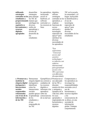 utilizando         desarrollan      los aprendices,   digitales,         TIC en la escuela,
estrategias        estrategias      incluyendo        utilizan           la comunidad y el
centradas en los   para manejar     acceso al         estrategias        hogar; incluyendo
estudiantes y      las TIC de       hardware, al      centradas en los   la identificación y
proporcionando     manera que       software          aprendices, y      el uso de
acceso             satisfagan los   curricular y a    emplean            tecnologías
equitativo a       diversos         los recursos en   funciones de       especiales de
herramientas y     estilos de       línea             acceso             apoyo* para
recursos           aprendizaje y                      universal y        atender las
digitales          niveles de                         tecnologías        diversas
apropiados         desarrollo de                      especiales de      necesidades de los
                   los                                apoyo* para        estudiantes
                   estudiantes                        satisfacer las
                                                      diversas
                                                      necesidades de
                                                      los aprendices

                                                 *Las
                                                 expresiones
                                                 “Universal
                                                 access and
                                                 assistive
                                                 technologies”
                                                 se refieren a un
                                                 esfuerzo
                                                 internacional
                                                 para garantizar
                                                 acceso a las
                                                 TIC a personas
                                                 con diferentes
                                                 discapacidades
c. Promueven y Demuestran Ejemplifican el Promueven el                   Comprometen a
modelan la       etiqueta digital uso correcto y uso adecuado            los aprendices en
etiqueta digital (netiqueta) e cuidadoso de de las TIC y                 investigar las
(netiqueta) e    identifican      los recursos   discuten                responsabilidades
interacciones    cómo las         digitales e    asuntos de ética        asociadas con el
sociales         interacciones informan a los y netiqueta y              uso de
responsables     sociales         aprendices     ejemplos de la          herramientas y
relacionadas     pueden apoyar sobre las         vida real, sobre        recursos digitales
con el uso de la el aprendizaje consecuencias los usos                   y las
información y de los              de su mal uso apropiados e             consecuencias de
de las TIC       estudiantes y                   inapropiados de         su abuso, en una
                 el uso                          herramientas y          sociedad de
                 responsable de                  recursos                información
                 las TIC                         digitales               global. Trabajan
                                                                         conjuntamente
 