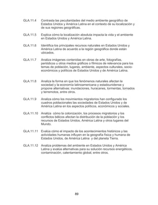 89
GLA.11.4 Contrasta las peculiaridades del medio ambiente geográfico de
Estados Unidos y América Latina en el contexto de su localización y
de sus regiones geográficas.
GLA.11.5 Explica cómo la localización absoluta impacta la vida y el ambiente
en Estados Unidos y América Latina.
GLA.11.6 Identifica los principales recursos naturales en Estados Unidos y
América Latina de acuerdo a la región geográfica donde están
ubicados.
GLA.11.7 Analiza imágenes contenidas en obras de arte, fotografías,
periódicos u otros medios gráficos o fílmicos de relevancia para los
temas de población, lugares, ambiente, aspectos culturales, socio-
económicos y políticos de Estados Unidos y de América Latina.
GLA.11.8 Analiza la forma en que los fenómenos naturales afectan la
sociedad y la economía latinoamericana y estadounidense y
propone alternativas: inundaciones, huracanes, tormentas, tornados
y terremotos, entre otros.
GLA.11.9 Analiza cómo los movimientos migratorios han configurado los
cuadros poblacionales las sociedades de Estados Unidos y de
América Latina en los aspectos políticos, económicos y sociales.
GLA.11.10 Analiza cómo la colonización, los procesos migratorios y los
conflictos bélicos afectan la distribución de la población y los
recursos de Estados Unidos, América Latina y otros lugares del
Mundo.
GLA.11.11 Evalúa cómo el impacto de los acontecimientos históricos y las
actividades humanas influyen en la geografía física y humana de
Estados Unidos, de América Latina y del planeta Tierra.
GLA.11.12 Analiza problemas del ambiente en Estados Unidos y América
Latina y evalúa alternativas para su solución recursos energéticos,
contaminación, calentamiento global, entre otros.
 