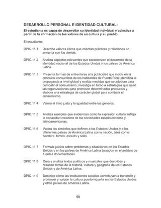 90
DESARROLLO PERSONAL E IDENTIDAD CULTURAL:
El estudiante es capaz de desarrollar su identidad individual y colectiva a
partir de la afirmación de los valores de su cultura y su pueblo.
El estudiante:
DPIC.11.1 Describe valores éticos que orientan prácticas y relaciones en
armonía con los demás.
DPIC.11.2 Analiza aspectos relevantes que caracterizan el desarrollo de la
identidad nacional de los Estados Unidos y los países de América
Latina.
DPIC.11.3 Presenta formas de enfrentarse a la publicidad que incide en la
conducta consumista de los habitantes de Puerto Rico: identifica la
propaganda a nivel global y evalúa medidas que se adoptan para
combatir el consumismo; investiga en torno a estrategias que usan
las organizaciones para promover determinados productos y
elabora una estrategia de carácter global para combatir el
consumismo.
DPIC.11.4 Valora el trato justo y la igualdad entre los géneros.
DPIC.11.5 Analiza ejemplos que evidencian como la expresión cultural refleja
la capacidad creadora de las sociedades estadounidense y
latinoamericanas.
DPIC.11.6 Valora los símbolos que definen a los Estados Unidos y a los
diferentes países de América Latina como nación, tales como:
bandera, himno, escudo y sello.
DPIC.11.7 Formula juicios sobre problemas y situaciones en los Estados
Unidos y en los países de América Latina basados en el análisis de
fuentes documentadas.
DPIC.11.8 Crea y analiza textos poéticos y musicales que describen y
resaltan temas de la historia, cultura y geografía de los Estados
Unidos y de América Latina.
DPIC.11.9 Describe cómo las instituciones sociales contribuyen a transmitir y
promover y valorar la cultura puertorriqueña en los Estados Unidos
y otros países de América Latina.
 