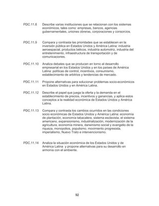 92
PDC.11.8 Describe varias instituciones que se relacionan con los sistemas
económicos, tales como: empresas, bancos, agencias
gubernamentales, uniones obreras, corporaciones y consorcios.
PDC.11.9 Compara y contrasta las prioridades que se establecen en la
inversión pública en Estados Unidos y América Latina: industria
aeroespacial, productos bélicos, industria automotriz, industria del
entretenimiento, infraestructura de transportación y de
comunicaciones.
PDC.11.10 Analiza debates que se producen en torno al desarrollo
empresarial en los Estados Unidos y en los países de América
Latina: políticas de control, incentivos, consumismo,
establecimiento de arbitrios y tendencias de mercado.
PDC.11.11 Propone alternativas para solucionar problemas socio-económicos
en Estados Unidos y en América Latina.
PDC.11.12 Describe el papel que juega la oferta y la demanda en el
establecimiento de precios, incentivos y ganancias, y aplica estos
conceptos a la realidad económica de Estados Unidos y América
Latina.
PDC.11.13 Compara y contrasta los cambios ocurridos en las condiciones
socio económicas de Estados Unidos y América Latina: economía
de plantación, economía tabacalera, sistema esclavista, el sistema
americano, expansionismo, industrialización, modernización de la
agricultura, economía minera, darwinismo social y evangelio de la
riqueza, monopolios, populismo, movimiento progresista,
imperialismo, Nuevo Trato e intervencionismo.
PDC.11.14 Analiza la situación económica de los Estados Unidos y de
América Latina y propone alternativas para su desarrollo en
armonía con el ambiente.
 
