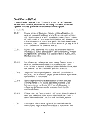 94
CONCIENCIA GLOBAL:
El estudiante es capaz de crear conciencia acerca de los cambios en
las relaciones políticas, económicas, sociales y culturales mundiales
y genera acciones que contribuyan al entendimiento global.
El estudiante:
CG.11.1 Explica formas en las cuales Estados Unidos y los países de
América Latina se insertan en un mundo de relaciones globales:
G8, Organización del Tratado del Atlántico Norte (OTAN): Tratado
de Libre Comercio (TLC), Comunidad Andina, Mercado Común del
Cono Sur (Mercosur), Comunidad y Mercado Común del Caribe
(Caricom), Área Libre Bolivariana de las Américas (ALBA), Área de
Libre Comercio de las Américas (ALCA).
CG.11.2 Explica cómo elementos de la cultura estadounidense se han
integrado a la cultura de los pueblos latinoamericanos y cómo el
mundo latino ha penetrado en el estadounidense: música, artes,
literatura y deportes.
CG.11.3 Identifica temas y situaciones en las cuales Estados Unidos y
América Latina se relacionan con otros países, tales como:
tratados internacionales, economía mundial, calentamiento global,
revolución en las comunicaciones y conflictos bélicos.
CG.11.4 Sugiere iniciativas que se puedan desarrollar para demostrar
empatía y cooperación con grupos que se enfrentan a problemas
que afectan a la humanidad.
CG.11.5 Identifica problemas fundamentales que afectan al mundo
contemporáneo en los cuales los estadounidenses y los
latinoamericanos pueden contribuir para la búsqueda de
soluciones: daños al ambiente, pobreza, discriminación, y
conflictos bélicos.
CG.11.6 Explica cómo los Estados Unidos y los países de América Latina
participan en las diferentes organizaciones internacionales y
contribuyen al desarrollo de políticas e iniciativas globales.
CG.11.7 Investiga las funciones de organismos internacionales que
contribuyen a mejorar las condiciones de la humanidad, tales
 