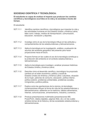 96
SOCIEDAD CIENTÍFICA Y TECNOLÓGICA:
El estudiante es capaz de analizar el impacto que producen los cambios
científicos y tecnológicos ocurridos en la vida y la sociedad a través del
tiempo.
El estudiante:
SCT.11.1 Identifica cambios científicos y tecnológicos que impactan la vida y
las actividades humanas en los Estados Unidos y América Latina,
tales como: trabajo, medios de transportación, comunicación,
educación, recreación y deportes.
SCT.11.2 Investiga cómo el uso de la tecnología influye en las actitudes y
comportamientos de los estadounidenses y latinoamericanos.
SCT.11.3 Aplica la tecnología en la investigación, análisis y evaluación de
asuntos del ambiente geográfico del presente para hacer
proyecciones hacia el futuro.
SCT.11.4 Propone formas en las cuales el uso de la tecnología contribuye a
la protección del ambiente en el contexto estadounidense y
latinoamericano.
SCT.11.5 Aplica la tecnología para investigar y analizar procesos históricos
de Estados Unidos y América Latina.
SCT.11.6 Describe cómo el desarrollo científico y tecnológico ha propiciado
cambios en el orden económico, político y social de
Estados Unidos de América y América Latina: suburbios, situación
de la mujer, patrones de consumo, educación, política interior,
política exterior, problemas ambientales, problemas sociales,
inmigrantes y política pública.
SCT.11.7 Explica como las aportaciones de la ciencia y la tecnología
contemporánea influyen la forma de vida de los estadounidenses y
latinoamericanos: adelantos en la medicina, hábitos alimentarios,
Internet, comunicaciones, armamentismo, industria y comercio.
SCT.11.8 Produce presentaciones multimedia (presentaciones MS
PowerPoint, relatos digitales, páginas Web, etc.) en las cuales
sintetiza temas de la historia y de las sociedades estadounidense y
latinoamericanas.
 