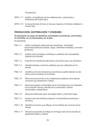 15
Constitución.
DPIC.1.11 Explica el significado de las celebraciones, costumbres y
tradiciones de Puerto Rico.
DPIC.1.12 Conoce diversas formas en las que mujeres y hombres enaltecen a
Puerto Rico:
PRODUCCIÓN, DISTRIBUCIÓN Y CONSUMO
El estudiante es capaz de identificar actividades económicas: personales,
en la familia, en la comunidad y en el país.
El estudiante:
PDC.1.1 Utiliza vocabulario adecuado para identificar actividades
económicas básicas comprar, pagar, identificar monedas y anunciar
productos.
PDC.1.2 Explica cómo el trabajo contribuye a satisfacer las necesidades
básicas de la familia.
PDC.1.3 Examina la importancia del ahorro y de hacer buen uso del dinero.
PDC.1.4 Identifica bienes y servicios públicos que son utilizados por la
familia.
PDC.1.5 Identifica cómo las decisiones económicas pueden afectar la vida
de los seres humanos en la familia.
PDC.1.6 Menciona los servicios y las instalaciones públicas como bienes
comunes que pertenecen a todos.
PDC.1.7 Reconoce lugares comerciales de la comunidad que son utilizados
por la familia: bancos, tiendas de la comunidad, centros
comerciales, cooperativas.
PDC.1.8 Menciona diferentes tipos de trabajo dentro y fuera del hogar.
PDC.1.9 Explica cómo las familias producen e intercambian productos y
servicios.
PDC.1.10 Identifica anuncios que influyen en los hábitos de consumo de la
familia.
PDC.1.11 Reconoce que tanto el trabajo en el hogar como fuera de éste es
igualmente digno y valioso.
 