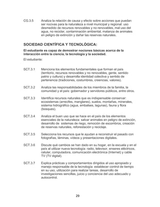 29
CG.3.5 Analiza la relación de causa y efecto sobre acciones que puedan
ser nocivas para la naturaleza a nivel municipal y regional: uso
desmedido de recursos renovables y no renovables, mal uso del
agua, no reciclar, contaminación ambiental, matanza de animales
en peligro de extinción y dañar las reservas naturales.
SOCIEDAD CIENTÍFICA Y TECNOLÓGICA:
El estudiante es capaz de demostrar nociones básicas acerca de la
interacción entre la ciencia, la tecnología y la sociedad.
El estudiante:
SCT.3.1 Menciona los elementos fundamentales que forman el país
(territorio, recursos renovables y no renovables, gente, sentido
patrio y cultura) y desarrolla identidad colectiva y sentido de
pertenencia (tradiciones, costumbres, creencias, valores).
SCT.3.2 Analiza las responsabilidades de los miembros de la familia, la
comunidad y el país: gobernador y servidores públicos, entre otros.
SCT.3.3 Identifica recursos naturales que es indispensable conservar:
ecosistemas (arrecifes, manglares), suelos, montañas, minerales,
sistema hidrográfico (agua, embalses, lagunas), fauna y flora
(bosques).
SCT.3.4 Analiza el buen uso que se hace en el país de los elementos
esenciales de la naturaleza: salvar animales en peligro de extinción,
desarrollo de sistemas de riego, remoción de escombros, creación
de reservas naturales, reforestación y reciclaje.
SCT.3.5 Selecciona los recursos que le ayudan a reconstruir el pasado con
fotografías, láminas, vídeos y presentaciones digitales.
SCT.3.6 Discute qué cambios se han dado en su hogar, en la escuela y en el
país al utilizar nueva tecnología: radio, televisor, enseres eléctricos,
celular, computadora, comunicación electrónica (Internet) y cable
TV (TV digital).
SCT.3.7 Explica prácticas y comportamientos dirigidos al uso apropiado y
manejo responsable de la tecnología: establecer control de tiempo
en su uso, utilización para realizar tareas, desarrollo de
investigaciones sencillas, juicio y conciencia del uso adecuado y
autocontrol.
 