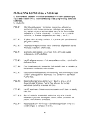 34
PRODUCCIÓN, DISTRIBUCIÓN Y CONSUMO
El estudiante es capaz de identificar elementos esenciales del concepto
organización económica, en diferentes espacios geográficos y contextos
históricos.
El estudiante:
PDC.4.1 Identifica actividades y conceptos económicos tales como:
producción, distribución, consumo, materia prima, recursos
renovables, recursos no renovables, exportación, importación,
actividad económica, intercambio, contrabando, economía de
subsistencia, trueque, cooperativismo, trabajo y servicio.
PDC.4.2 Explica cómo el trabajo sustenta la vida en el país y contribuye al
progreso colectivo.
PDC.4.3 Reconoce la importancia de hacer un manejo responsable de las
finanzas personales y familiares.
PDC.4.4 Explica las actividades económicas de los primeros grupos
establecidos en Puerto Rico.
PDC.4.5 Identifica las razones económicas para la conquista y colonización
de Puerto Rico.
PDC.4.6 Describe el desarrollo económico de Puerto Rico en el contexto de:
encomienda, esclavitud, contrabando.
PDC.4.7 Describe cómo el desarrollo del comercio y de la industria provocan
cambios en los patrones de empleo y las condiciones de vida en
Puerto Rico.
PDC.4.8 Describe la importancia de la mujer y de otros grupos en el
desarrollo económico de Puerto Rico a través del tiempo:
agricultura, industria, empresa, servicio.
PDC.4.9 Identifica patrones de consumo responsable en el plano personal y
colectivo.
PDC.4.10 Reconoce temas económicos en los que se puede formular
diferentes opiniones: desempleo, contribuciones y aumento de
precios, consumismo, entre otros.
PDC.4.11 Reconoce el valor del trabajo y valora la cooperación como una
acción dirigida al bienestar de todos.
 