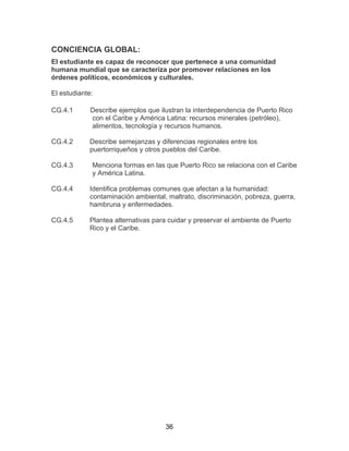 36
CONCIENCIA GLOBAL:
El estudiante es capaz de reconocer que pertenece a una comunidad
humana mundial que se caracteriza por promover relaciones en los
órdenes políticos, económicos y culturales.
El estudiante:
CG.4.1 Describe ejemplos que ilustran la interdependencia de Puerto Rico
con el Caribe y América Latina: recursos minerales (petróleo),
alimentos, tecnología y recursos humanos.
CG.4.2 Describe semejanzas y diferencias regionales entre los
puertorriqueños y otros pueblos del Caribe.
CG.4.3 Menciona formas en las que Puerto Rico se relaciona con el Caribe
y América Latina.
CG.4.4 Identifica problemas comunes que afectan a la humanidad:
contaminación ambiental, maltrato, discriminación, pobreza, guerra,
hambruna y enfermedades.
CG.4.5 Plantea alternativas para cuidar y preservar el ambiente de Puerto
Rico y el Caribe.
 