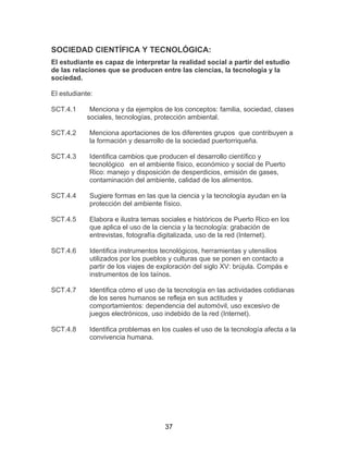 37
SOCIEDAD CIENTÍFICA Y TECNOLÓGICA:
El estudiante es capaz de interpretar la realidad social a partir del estudio
de las relaciones que se producen entre las ciencias, la tecnología y la
sociedad.
El estudiante:
SCT.4.1 Menciona y da ejemplos de los conceptos: familia, sociedad, clases
sociales, tecnologías, protección ambiental.
SCT.4.2 Menciona aportaciones de los diferentes grupos que contribuyen a
la formación y desarrollo de la sociedad puertorriqueña.
SCT.4.3 Identifica cambios que producen el desarrollo científico y
tecnológico en el ambiente físico, económico y social de Puerto
Rico: manejo y disposición de desperdicios, emisión de gases,
contaminación del ambiente, calidad de los alimentos.
SCT.4.4 Sugiere formas en las que la ciencia y la tecnología ayudan en la
protección del ambiente físico.
SCT.4.5 Elabora e ilustra temas sociales e históricos de Puerto Rico en los
que aplica el uso de la ciencia y la tecnología: grabación de
entrevistas, fotografía digitalizada, uso de la red (Internet).
SCT.4.6 Identifica instrumentos tecnológicos, herramientas y utensilios
utilizados por los pueblos y culturas que se ponen en contacto a
partir de los viajes de exploración del siglo XV: brújula. Compás e
instrumentos de los taínos.
SCT.4.7 Identifica cómo el uso de la tecnología en las actividades cotidianas
de los seres humanos se refleja en sus actitudes y
comportamientos: dependencia del automóvil, uso excesivo de
juegos electrónicos, uso indebido de la red (Internet).
SCT.4.8 Identifica problemas en los cuales el uso de la tecnología afecta a la
convivencia humana.
 