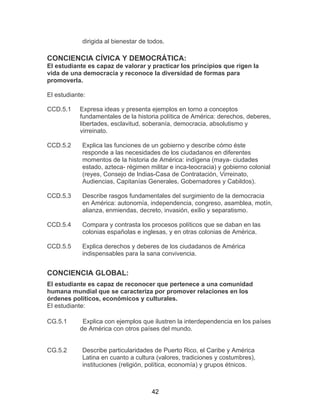 42
dirigida al bienestar de todos.
CONCIENCIA CÍVICA Y DEMOCRÁTICA:
El estudiante es capaz de valorar y practicar los principios que rigen la
vida de una democracia y reconoce la diversidad de formas para
promoverla.
El estudiante:
CCD.5.1 Expresa ideas y presenta ejemplos en torno a conceptos
fundamentales de la historia política de América: derechos, deberes,
libertades, esclavitud, soberanía, democracia, absolutismo y
virreinato.
CCD.5.2 Explica las funciones de un gobierno y describe cómo éste
responde a las necesidades de los ciudadanos en diferentes
momentos de la historia de América: indígena (maya- ciudades
estado, azteca- régimen militar e inca-teocracia) y gobierno colonial
(reyes, Consejo de Indias-Casa de Contratación, Virreinato,
Audiencias, Capitanías Generales, Gobernadores y Cabildos).
CCD.5.3 Describe rasgos fundamentales del surgimiento de la democracia
en América: autonomía, independencia, congreso, asamblea, motín,
alianza, enmiendas, decreto, invasión, exilio y separatismo.
CCD.5.4 Compara y contrasta los procesos políticos que se daban en las
colonias españolas e inglesas, y en otras colonias de América.
CCD.5.5 Explica derechos y deberes de los ciudadanos de América
indispensables para la sana convivencia.
CONCIENCIA GLOBAL:
El estudiante es capaz de reconocer que pertenece a una comunidad
humana mundial que se caracteriza por promover relaciones en los
órdenes políticos, económicos y culturales.
El estudiante:
CG.5.1 Explica con ejemplos que ilustren la interdependencia en los países
de América con otros países del mundo.
CG.5.2 Describe particularidades de Puerto Rico, el Caribe y América
Latina en cuanto a cultura (valores, tradiciones y costumbres),
instituciones (religión, política, economía) y grupos étnicos.
 
