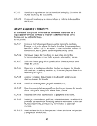 46
CC.6.9 Identifica la organización de los Imperios Carolingio y Bizantino, del
mundo islámico y del feudalismo.
CC.6.10 Explica cómo el arte y la música reflejan la historia de los pueblos
del Mundo.
GENTE, LUGARES Y AMBIENTE:
El estudiante es capaz de identificar los elementos esenciales de la
organización terrestre e infiere la relación existente entre los seres
humanos y su ambiente físico.
El estudiante:
GLA.6.1 Explica e ilustra los siguientes conceptos: geografía, geología,
Pangea, continente, relieve, límites territoriales, líneas geográficas,
hemisferio, esfera o globo terráqueo, puntos cardinales, sistema de
coordenadas, teoría, plano, densidad poblacional y censo.
GLA.6.2 Construye mapas del mundo en los que utiliza elementos
fundamentales tales como: título, leyenda, orientación y escala.
GLA.6.3 Aplica las líneas geográficas para localizar diversos puntos en el
mapa del Mundo.
GLA.6.4 Determina la localización absoluta de diversos lugares del Mundo
utilizando los paralelos y meridianos y la tecnología para determinar
la latitud y la longitud.
GLA.6.5 Analiza ventajas y desventajas de la ubicación geográfica de
diversos lugares del Mundo.
GLA.6.6 Identifica varias regiones geográficas del Mundo.
GLA.6.7 Describe características geográficas de diversos lugares del Mundo:
clima, hidrografía, topografía, relieve, flora y fauna.
GLA.6.8 Describe elementos esenciales de la geografía de la Tierra.
GLA.6.9 Investiga y diseña tablas, gráficas y mapas temáticos para identificar
patrones de distribución espacial y temporal de diversos puntos del
Mundo: crecimiento, distribución y movilidad de la población
mundial.
GLA.6.10 Analiza diferentes tipos de migración: interna y externa, inmigración
y emigración en el Mundo.
 