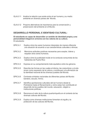 47
GLA.6.11 Analiza la relación que existe entre el ser humano y su medio
ambiente en diversos países del Mundo.
GLA.6.12 Propone alternativas de importancia para la conservación y
preservación del ambiente en el Mundo.
DESARROLLO PERSONAL E IDENTIDAD CULTURAL:
El estudiante es capaz de desarrollar un sentido de identidad propia y una
personalidad integral en armonía con los valores de su cultura.
El estudiante:
DPIC.6.1 Explica cómo los seres humanos interpretan de manera diferente
una situación de acuerdo a sus características culturales o étnicas.
DPIC.6.2 Menciona actitudes positivas necesarias para aceptar, tolerar y
respetar otros seres humanos.
DPIC.6.3 Explica cómo la publicidad incide en la conducta consumista de los
habitantes de Puerto Rico
DPIC.6.4 Expresa en su comportamiento trato equitativo entre los géneros.
DPIC.6.5 Describe las formas en las cuales el idioma, las costumbres y el arte
sirven como expresión de la cultura y contribuyen a la afirmación de
la identidad nacional de los diversos pueblos del Mundo.
DPIC.6.6 Contrasta símbolos nacionales de diferentes países del Mundo:
bandera, escudo, himno.
DPIC.6.7 Identifica aportaciones culturales del ser humano desde la
Prehistoria hasta el Renacimiento y cómo estas han contribuido al
desarrollo de los pueblos del mundo: educación, religión e
instituciones políticas.
DPIC.6.8 Reconoce el valor de la cultura puertorriqueña en el contexto de las
diversas culturas del Mundo.
DPIC.6.9 Explica como diversas instituciones fomentan el orgullo y la
protección de las culturas del Mundo.
 