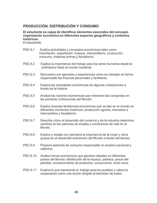 48
PRODUCCIÓN, DISTRIBUCIÓN Y CONSUMO
El estudiante es capaz de identificar elementos esenciales del concepto
organización económica en diferentes espacios geográficos y contextos
históricos.
El estudiante:
PDC.6.1 Explica actividades y conceptos económicos tales como:
importación, exportación, trueque, mercantilismo, producción,
consumo, materias primas y feudalismo.
PDC.6.2 Explica la importancia del trabajo para los seres humanos desde la
prehistoria hasta el mundo medieval.
PDC.6.3 Demuestra con ejemplos y experiencias cómo se manejan en forma
responsable las finanzas personales y familiares.
PDC.6.4 Explica las actividades económicas de algunas civilizaciones a
través de la historia.
PDC.6.5 Analiza las razones económicas que motivaron las conquistas en
las primeras civilizaciones del Mundo.
PDC.6.6 Explica diversas tendencias económicas que se dan en el mundo en
diferentes momentos históricos: producción agraria, mercados e
intercambios y feudalismo.
PDC.6.7 Describe cómo el desarrollo del comercio y de la industria determina
cambios en los patrones de empleo y condiciones de vida en el
Mundo.
PDC.6.8 Explica y resalta con ejemplos la importancia de la mujer y otros
grupos en el desarrollo económico del Mundo a través del tiempo.
PDC.6.9 Propone patrones de consumo responsable en el plano personal y
colectivo.
PDC.6.10 Analiza temas económicos que generan debates en diferentes
países del Mundo: distribución de la riqueza, pobreza, precio del
petróleo, encarecimiento de productos, consumismo, entre otros.
PDC.6.11 Explica lo que representa el trabajo para los pueblos y valora la
cooperación como una acción dirigida al bienestar de todos.
 