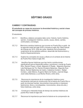 53
SÉPTIMO GRADO
CAMBIO Y CONTINUIDAD:
El estudiante es capaz de reconocer la diversidad histórica y social a base
del concepto de proceso histórico.
El estudiante:
CC.7.1 Identifica y elabora conceptos tales como: historia, hecho histórico,
opinión, investigación histórica, evento, causa, efecto, cambio,
continuidad y cronología.
CC.7.2 Menciona cambios históricos que ocurren en Puerto Rico a partir de
la segunda mitad del siglo XVIII y durante el siglo XIX: Real Cédula
de Gracias de 1815, Grito de Lares, Abolición de la Esclavitud,
surgimiento de los partidos políticos, desarrollo del Autonomismo y
Guerra Hispanoamericana.
CC.7.3 Explica los conceptos de causa y efecto en el contexto de la historia
de Puerto Rico hasta el siglo XIX.
CC.7.4 Identifica figuras históricas que han hecho contribuciones
significativas para el desarrollo político, económico y social de Puerto
Rico: Ramón Power y Giralt, Alejandro O´Really, Alejandro Ramírez,
Lola Rodríguez de Tío, Ramón Emeterio Betances, Segundo Ruiz
Belvis, Román Baldorioty de Castro, Celestina Cordero, Rafael
Cordero, Julián Blanco, Eugenio María de Hostos, José de Diego,
José Celso Barbosa y Luis Muñoz Rivera, entre otros.
CC.7.5 Reconoce la importancia de la investigación histórica como
herramienta vital para la construcción de la historia de Puerto Rico a
partir de diversas fuentes: documentos (manuscritos e impresos);
testimonios, libros y enciclopedias; monumentos, obras de arte y
fotos históricas, entre otras.
CC.7.6 Construye e interpreta líneas de tiempo de eventos históricos de
puerto Rico hasta el siglo XIX.
CC.7.7 Reconoce la importancia que tiene la historia en la comprensión de
 