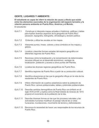 55
GENTE, LUGARES Y AMBIENTE:
El estudiante es capaz de inferir la relación de causa y efecto que existe
entre los elementos esenciales de la organización del espacio terrestre y la
relación persona ambiente en Puerto Rico, América y el Mundo.
El estudiante:
GLA.7.1 Construye e interpreta mapas actuales e históricos, gráficas y tablas
para ilustrar diversos aspectos de la geografía de Puerto Rico:
ubicación, topografía, hidrografía, climatología y división política.
GLA.7.2 Entiende y utiliza las escalas en los mapas.
GLA.7.3 Interpreta puntos, líneas, colores y otros símbolos en los mapas y
globos.
GLA.7.4 Localiza y describe formas variadas del espacio geográfico en
diferentes regiones de Puerto Rico.
GLA.7.5 Reconoce cómo la localización y la concentración de determinados
recursos influyen en el desarrollo económico: ventajas de
localización, población y acceso a otros puntos del Planeta.
GLA.7.6 Localiza las diversas regiones geográficas de Puerto Rico.
GLA.7.7 Identifica regiones de Puerto Rico a partir de su producción cultural.
GLA.7.8 Identifica situaciones en las que la geografía influye en la vida de los
residentes de Puerto Rico.
GLA.7.9 Infiere información de cuadros estadísticos sobre la población de
Puerto Rico: censos poblacionales, tablas y pirámides poblacionales.
GLA.7.10 Describe cambios demográficos de Puerto Rico con énfasis en el
siglo XVIII al XIX y explica cómo la Real Cédula de Gracias de 1815
propició el incremento de la población de la Isla.
GLA.7.11 Describe diversas formas en las que los procesos naturales y las
actividades humanas modifican el paisaje natural de un área:
huracanes, inundaciones, movimiento de terreno y deforestación.
GLA.7.12 Reconoce la necesidad de hacer uso responsable de los recursos de
Puerto Rico.
 