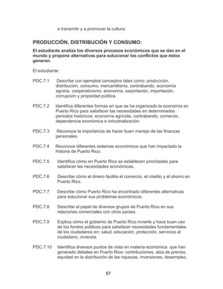 57
a transmitir y a promover la cultura.
PRODUCCIÓN, DISTRIBUCIÓN Y CONSUMO:
El estudiante analiza los diversos procesos económicos que se dan en el
mundo y propone alternativas para solucionar los conflictos que éstos
generan.
El estudiante:
PDC.7.1 Describe con ejemplos conceptos tales como: producción,
distribución, consumo, mercantilismo, contrabando, economía
agraria, cooperativismo, economía, exportación, importación,
corrupción y propiedad pública.
PDC.7.2 Identifica diferentes formas en que se ha organizado la economía en
Puerto Rico para satisfacer las necesidades en determinados
períodos históricos: economía agrícola, contrabando, comercio,
dependencia económica e industrialización.
PDC.7.3 Reconoce la importancia de hacer buen manejo de las finanzas
personales.
PDC.7.4 Reconoce diferentes sistemas económicos que han impactado la
historia de Puerto Rico.
PDC.7.5 Identifica cómo en Puerto Rico se establecen prioridades para
satisfacer las necesidades económicas.
PDC.7.6 Describe cómo el dinero facilita el comercio, el crédito y el ahorro en
Puerto Rico.
PDC.7.7 Describe cómo Puerto Rico ha encontrado diferentes alternativas
para solucionar sus problemas económicos.
PDC.7.8 Describe el papel de diversos grupos de Puerto Rico en sus
relaciones comerciales con otros países.
PDC.7.9 Explica cómo el gobierno de Puerto Rico invierte y hace buen uso
de los fondos públicos para satisfacer necesidades fundamentales
de los ciudadanos en: salud, educación, protección, servicios al
ciudadano, vivienda.
PDC.7.10 Identifica diversos puntos de vista en materia económica que han
generado debates en Puerto Rico: contribuciones, alza de precios,
equidad en la distribución de las riquezas, inversiones, desempleo,
 