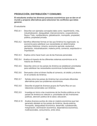 65
PRODUCCIÓN, DISTRIBUCIÓN Y CONSUMO:
El estudiante analiza los diversos procesos económicos que se dan en el
mundo y propone alternativas para solucionar los conflictos que éstos
generan.
El estudiante:
PDC.8.1 Describe con ejemplos conceptos tales como: repartimiento, mita,
industrialización, desigualdad, intervencionismo, cooperativismo,
Nuevo Trato, neoliberalismo, globalización, monopolio, propiedad,
pública, propiedad privada.
PDC.8.2 Identifica diferentes formas en las que América ha organizado su
economía para satisfacer sus necesidades en determinados
períodos históricos: minería, economía agrícola, esclavitud,
plantación, industrialización, materia prima, comercio, exportación e
importación.
PDC.8.3 Explica cómo hacer buen uso de las finanzas personales
PDC.8.4 Analiza el impacto de los diferentes sistemas económicos en la
historia de América.
PDC.8.5 Describe cómo en los países de América se establecen prioridades
para satisfacer las necesidades económicas fundamentales.
PDC.8.6 Demuestra cómo el dinero facilita el comercio, el crédito y el ahorro
en el contexto de América.
PDC.8.7 Señala cómo los países de América han encontrado diferentes
alternativas para sus problemas económicos.
PDC.8.8 Describe el papel de diversos grupos de Puerto Rico en sus
relaciones comerciales con América.
PDC.8.9 Investiga en torno a las inversiones de los fondos públicos en los
países de América en relación a: prioridades de las inversiones
públicas, atención pública de la salud, educación.
PDC.8.10 Analiza diversos puntos de vista en materia económica que han
generado debates en los países de América: deuda externa,
monopolio, desigualdad económica, desarrollo, subdesarrollo,
marginación, dominación económica, dependencia económica,
multinacionales, consumismo, entre otros.
 
